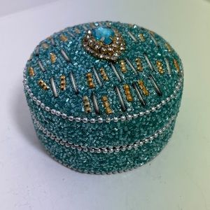 Beautiful Hand Made Jeweled W Aqua Blue & Gold Seed Bead Metal Jewelry Box W Lid